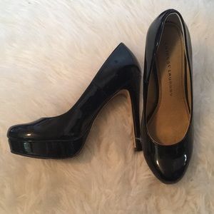 Black faux leather heels